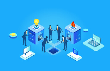 Isometric business environment. Business people are working on big data, analysing information, artificial intelligence concept infographic. Big data, internet security, tech progress