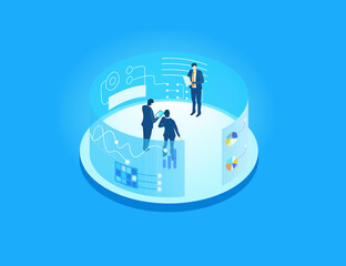 Isometric business environment. Business people are working on big data, analysing information, artificial intelligence concept infographic. Big data, internet security, tech progress