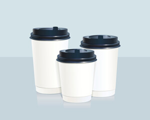 Mockup of disposable coffee cups with lids, realistic vector mockup