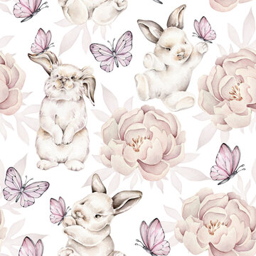 pattern with rabbits, butterflies, peonies