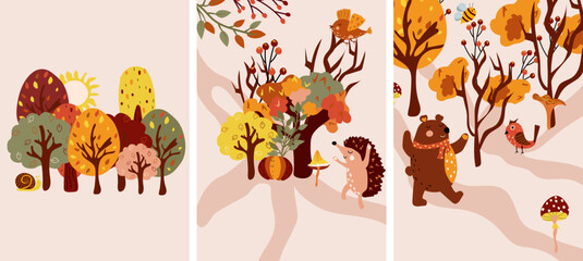 Autumn composition with colorful trees, a happy hedgehog, cute bear, autumn leaves and mushrooms. Perfect for your greeting cards, poster, postcard. Vector illustration. 