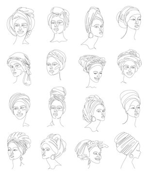 Collection. Girl head silhouettes. Lady in a turban, scarf. Female face in modern single line style. Solid line, outline for decor, posters, stickers, logo. vector illustration set.