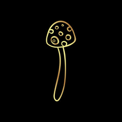 Magic mushrooms. Psychedelic hallucination. Gold vector illustration isolated on black. 60s hippie art. Coloring book for kids and adults.
