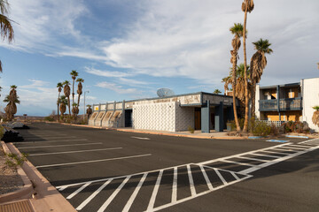 Boarded up Echo Bay resort hotel and restaurant formerly lake side now more than a mile from the water abandoned in disrepair August 2022