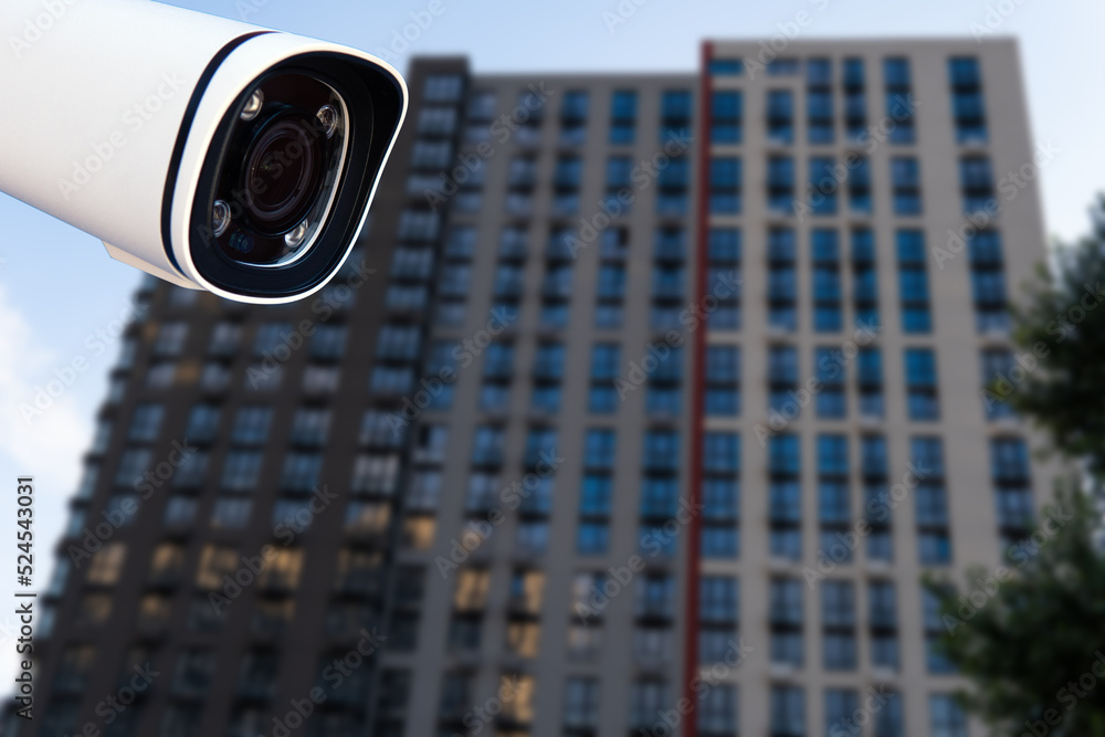 Poster cctv monitoring, security cameras. backdrop with views of condominium