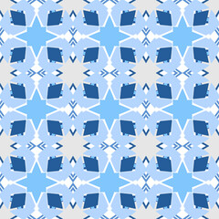 Obraz premium Abstract seamless background. Geometrical Pattern design in Aztec symbols, Ethnic Style. Blue embroidered, ideal for men shirt, male fashion, tote, bag, Wallpaper, backdrop.