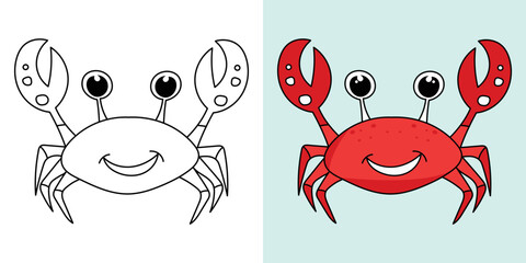 Hand-drawn outline sea animals crab illustration Seafood Beach cartoon character vector coloring page for kids - obrazy, fototapety, plakaty