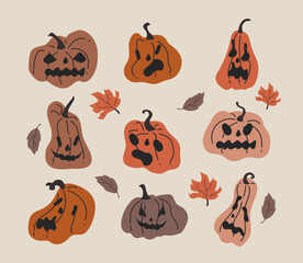 Hand drawn pumpkin set with scary faces for Halloween