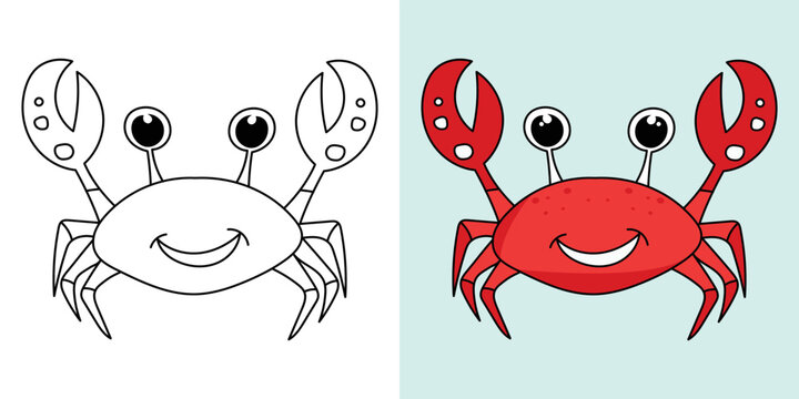 Hand-drawn outline sea animals crab illustration Seafood Beach cartoon character vector coloring page for kids