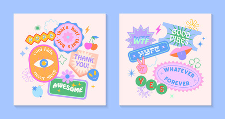 Vector set of cute funny templates with patches and stickers in 90s style.Modern symbols in y2k aesthetic with text.Trendy kidcore designs for banners,social media marketing,branding,packaging,covers