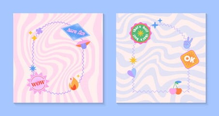 Vector set of funny templates with frames,patches,stickers in 90s style.Modern symbols in y2k aesthetic with text.Trendy groovy designs for banners,social media marketing,branding,packaging,covers