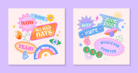 Vector set of cute funny templates with patches and stickers in 90s style.Modern symbols in y2k aesthetic with text.Trendy kidcore designs for banners,social media marketing,branding,packaging,covers