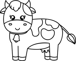 Cute kawaii cow. Farm animal, flat design. Hand draw linear illustration. Vector on isolated background. For printing on paper and fabric, children's illustration