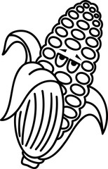 Kawaii corn cob. Farm funny organic vegetable, flat design. Hand draw linear illustration. Vector on isolated background. For printing on paper and fabric, children's illustration