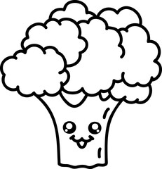 Cute kawaii broccoli. Farm funny organic vegetable, flat design. Hand draw linear illustration. Vector on isolated background. For printing on paper and fabric, children's illustration