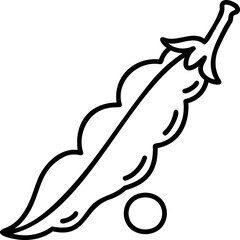 Cute Kawaii Green Pea Pod. Farm funny organic vegetable, flat design. Hand draw linear illustration. Vector on isolated background. For printing on paper and fabric, children's illustration