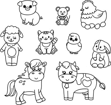 Set with farm animals - cat, horse, chicken, chicken, pig, sheep, cow. Hand draw linear illustration. Vector on isolated background. For printing on paper and fabric, children's illustration