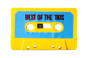 Naklejka premium An old vintage cassette tape for easy storage of music and audio, isolated, with text on the label: best of the 80s. 