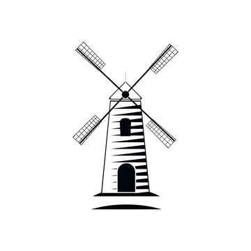 Wooden european traditioanl windmill logo. Organic, natural food, bakery concept.
