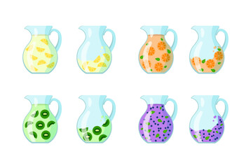 A set of jugs with lemonade. Lemonade with orange, lemon, kiwi and blueberry flavors. Pitchers isolated on white background. Stock vector illustration.