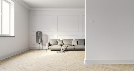 Wnętrze,  pokój z białymi ścianami i ozdobnymi sztukateriami. Dębowa klasyczna podłoga. 3d rendering