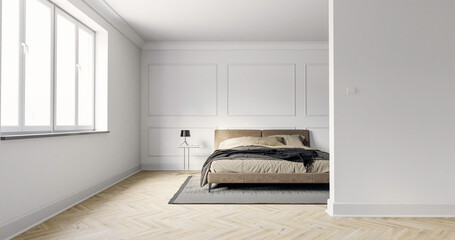 Fototapeta Wnętrze,  pokój z białymi ścianami i ozdobnymi sztukateriami. Dębowa klasyczna podłoga. 3d rendering obraz