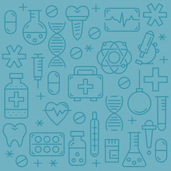 Medicine vector seamless pattern with medical elements for business and advertising. Health care sign collection. Medicine equipment silhouette illustration. Ambulance symbols