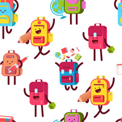 Backpack characters vector cartoon seamless pattern background for wallpaper, wrapping, packing, and backdrop.