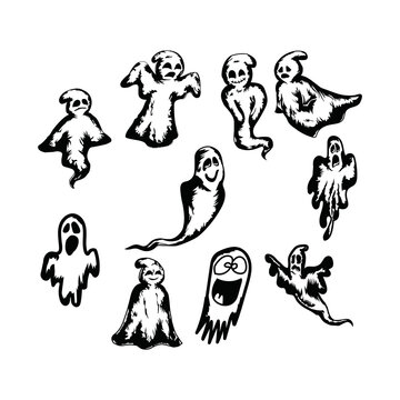 Different halloween ghost vector collection. Cute ghost bundle. Black ghosts on white background. Set of different halloween cute ghosts.