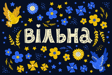 Free Ukraine, background with flowers, doves, yellow-blue, cornflowers, sunflower.