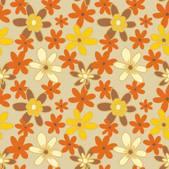 Orange and yellow flowers on beige background. Retro 70's and 60's style summer print.