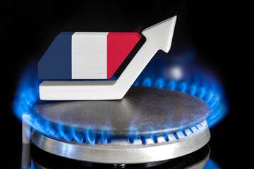 Gas price. Rise in gas prices in France. A burner with a flame and an arrow up, painted in the...
