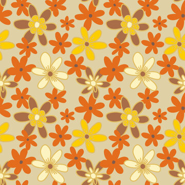 Orange and yellow flowers on beige background. Retro 70's and 60's style summer print. © ausra