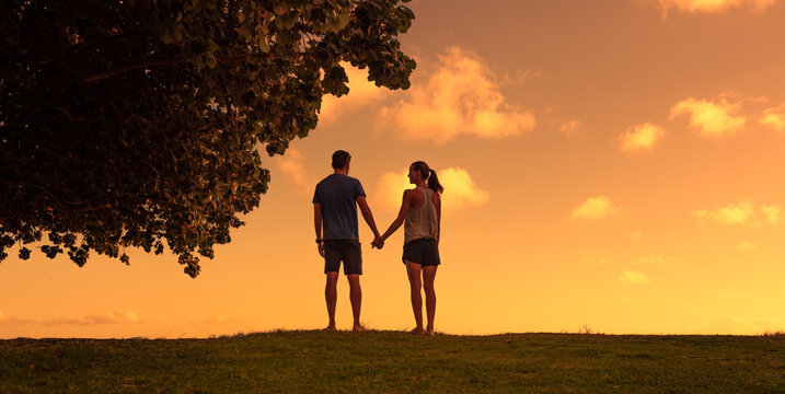 Mana And Woman Holding Hands Stand-in In A Field At Sunset. 