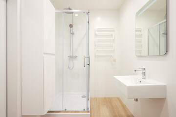 Fototapeta na wymiar Modern bathroom interior with shower cabin and washbasin