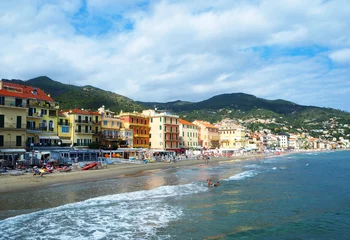 Foto op Canvas Beautiful view on a sunny day of the sea and the town of Alassio with colorful buildings, Liguria, Italian Riviera, region San Remo, Cote d'Azur, Italy © elens19