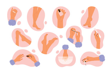 Set of female hands, feet with a manicure and pedicure. Women's manicure collection. Nail care, beauty treatment aesthetic. Vector illustration in cartoon style. Isolated white background