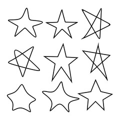 Set of black hand drawn doodle stars isolated on white background.