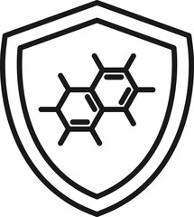 Obraz premium Shield, armor, protection sign. Minimalistic vector symbol drawn with black thin line. Suitable for adverts, stores, shops, books. Line icon of chemical compound inside of armor or shield