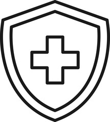 Shield, armor, protection sign. Minimalistic vector symbol drawn with black thin line. Suitable for adverts, stores, shops, books. Line icon of medical cross inside of armor or shield