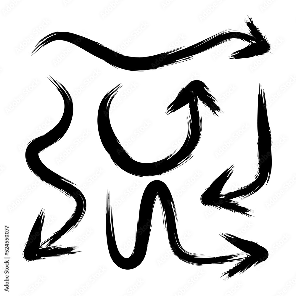 Poster set of arrows with ink brush vector hand drawn design elements. ink brush arrows of various shapes. 