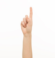 female hand shows gestures on a white background isolated.number direction fist approval