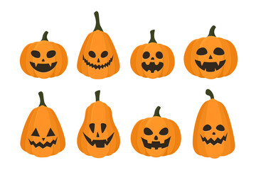 Halloween pumpkin set. Orange happy and scary pumpkin face. Vector illustration isolated on white background. - obrazy, fototapety, plakaty