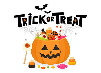 Halloween candies in pumpkin bag. Trick or treat in orange jack lantern basket and text. Vector Illustration isolated on white background.