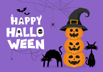Happy Halloween. Pumpkins and creepy black cats. Vector illustration.