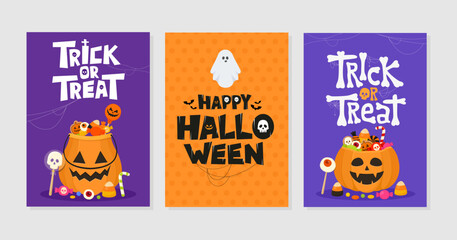 Set of Happy Halloween and Trick or Treat greeting cards. Celebration party invitations or poster designs. Vector illustration. - obrazy, fototapety, plakaty