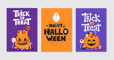 Fototapeten Set of Happy Halloween and Trick or Treat greeting cards. Celebration party invitations or poster designs. Vector illustration. © nazarkru
