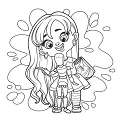 Cute cartoon long-haired girl holding a sketchbook and wooden articulated doll outlined for coloring page on white background
