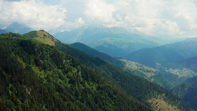 Aerial view of forests and nature in north Georgia caucasus mountains. Travel in Svaneti