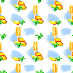Watercolor original background with mango, mint, blue spots and ice cream on a stick. Seamless pattern for bright colorful wallpapers, menus, textiles, packaging, office and bed linen.